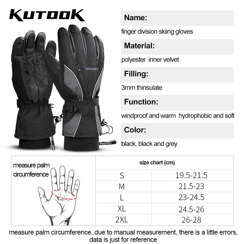 KUTOOK Winter Ski Gloves Waterproof Thermal Windproof Warm Snowmobile TPU Snow Ski Accessories Men Touch Screen Snowboard Gloves