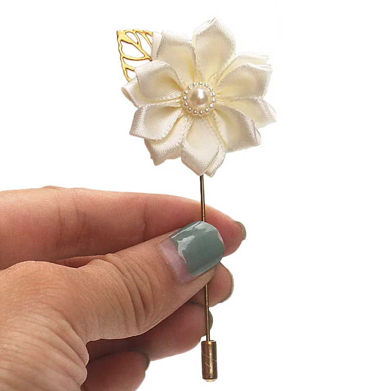 Romantic Ivory Satin Silk Rose Ceremony Flower Man Lapel Pin Corsage Groom Boutonniere Brooch For Wedding Prom Decoration XH889P