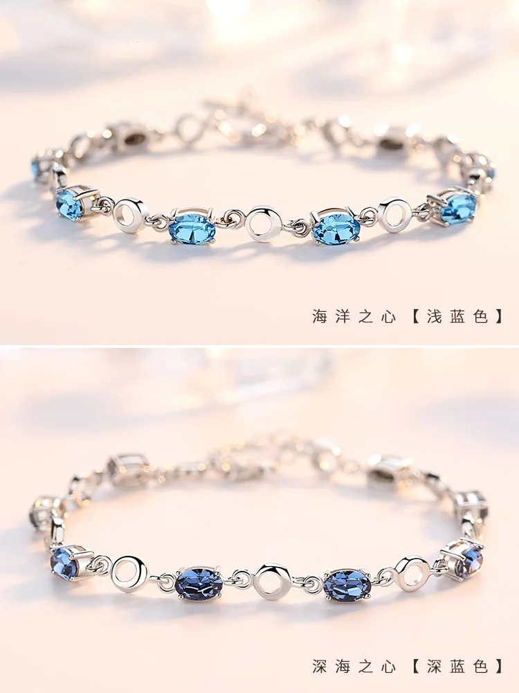 Blue Topaz Bracelets Female Real 925 Sterling Silver Deep Blue Sapphire Color Gemstone Bracelet for Student Girl Birthday Gift