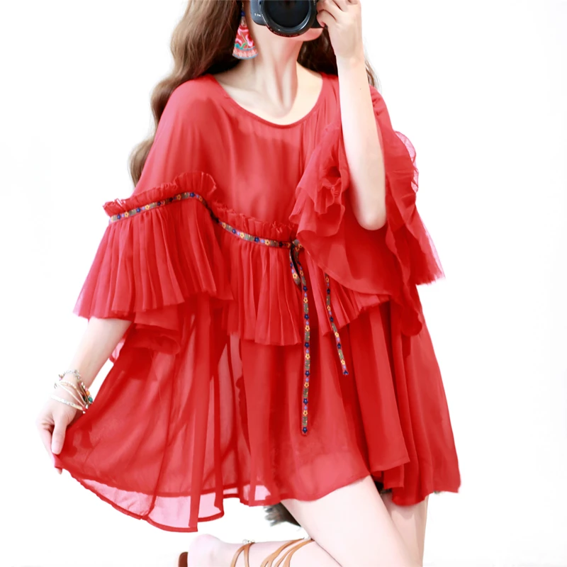 summer boho Original ethnic style trumpet sleeve embroidery pleated loose mid-length chiffon red shirt mesh gown