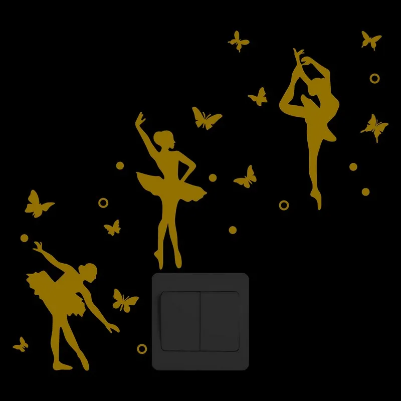 Ballet Dancer with Butterfly and Round Glowing Wall Art Stickers Living Room Girl Bedroom DIY Decoration Luminous Switch Sticker