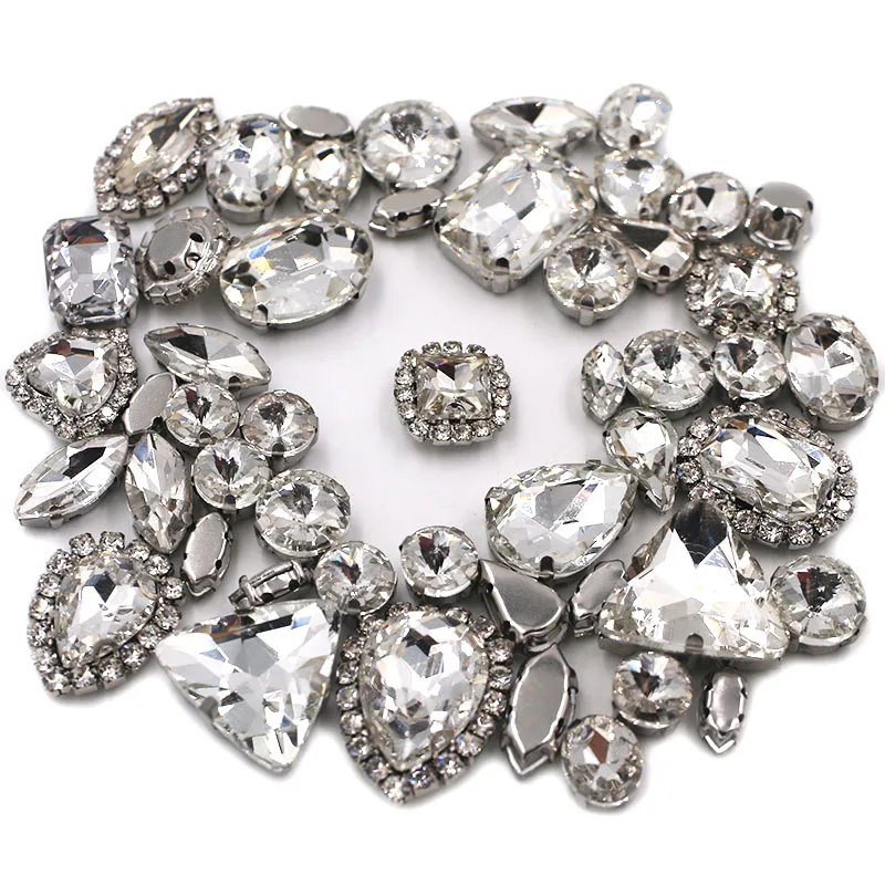 50pcs/Bag White Mixed Shape Sew on Glass Rhinestone Silver Claw and Crystal Buckle Diy Wedding Decoration Clothes/Shoe/Dress