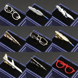 New Mens Classic Metal Tie Fashion Colorful Chrome Stainless Glasses Feather Pen Spear Scissors Airplane Shape Suit Tie Clasp