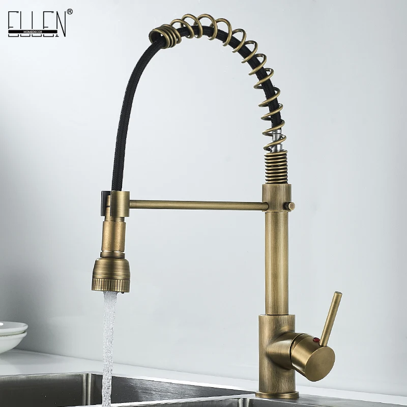 ELLEN  Antique Bronze Kitchen Faucet Hot Cold Water Mixer Tap Spring Type Brass Deck Mounted Kitchen Sink Faucets EL9009A