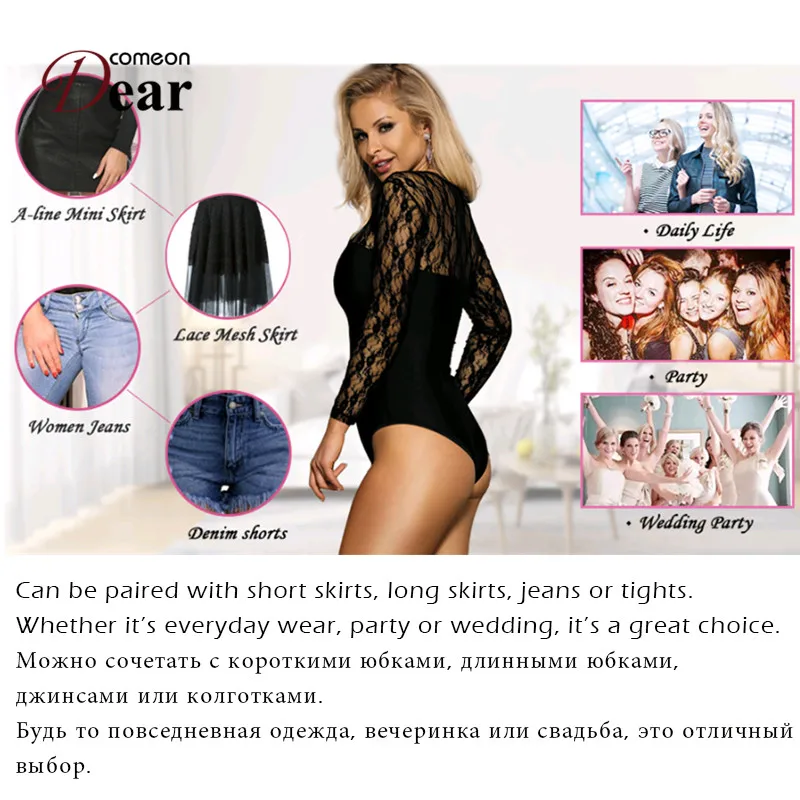 Comeondear Sexy Body Voor Vrouw Lange Mouwen Teddy Kant Bodysuit Zwart Overalls Body Mujer 5XL Bodysuit Vrouwen Jumpsuit RB80372