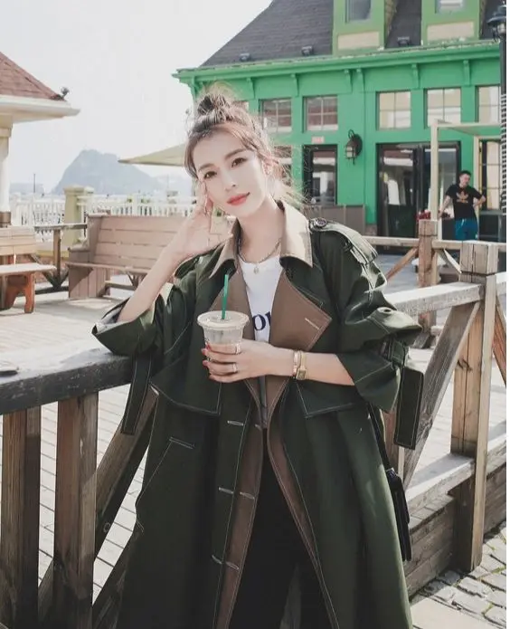 New Fashion Armygreen Fake Two-piece Double breasted Windbreaker Women\'s Clothing 2023 Spring Autumn Long Trench Coats D820