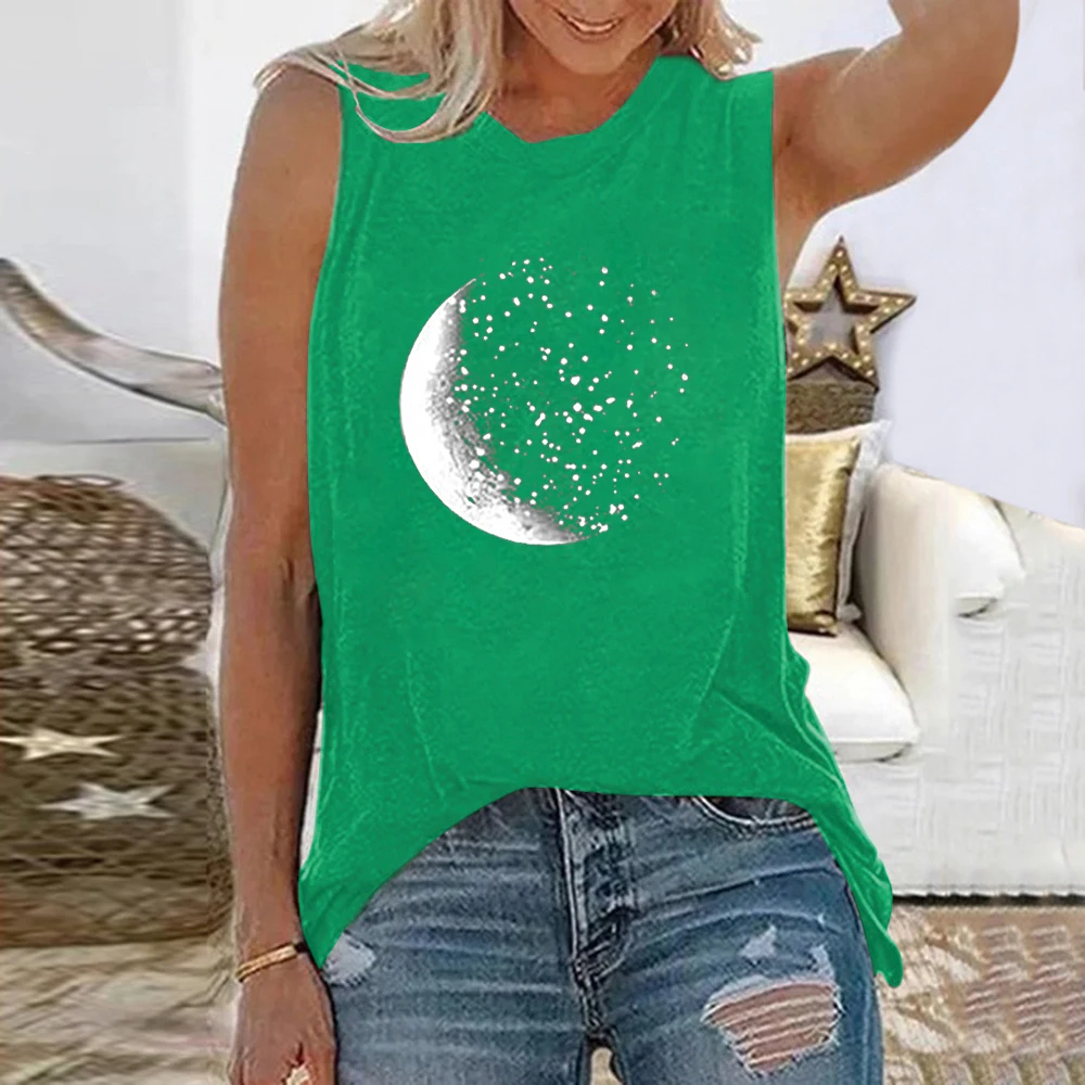 Seeyoushy Moon Print Funny Women T-shirt Sleeveless Vintage Summer Tee Shirt Femme Harajuku Shirt for Women Summer Tops Clothes