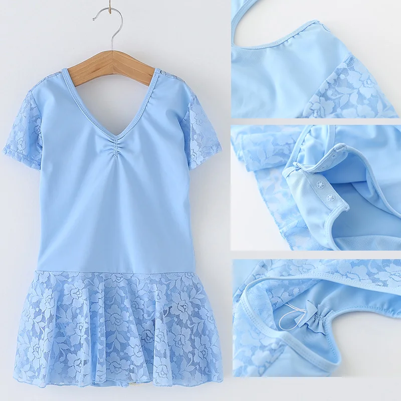 Abito da ballo a maniche corte per ragazze, abiti da ballo per balletto in pizzo di cotone, body per balletto per bambini, abito per Tutu, gonne da ballo per bambini, abito da balletto