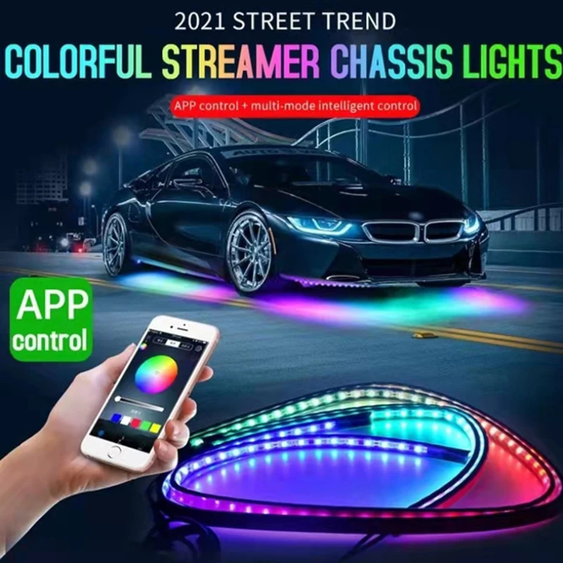 Car Underglow Light Flexible Strip LED Underbody Lights APP Control Car Neon Light RGB Flowing Color Decorative Atmosphere Lamp