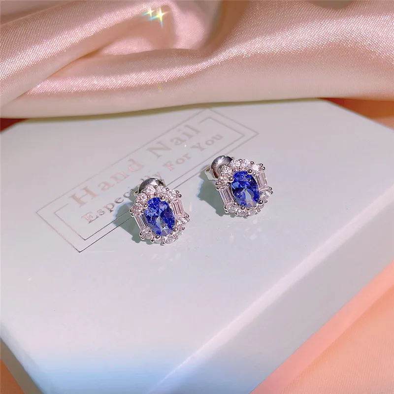 CC Blue CZ Diamant Stud Earrings For Women Fine Jewelry Fashion Party Accessories Earring Set CCE752