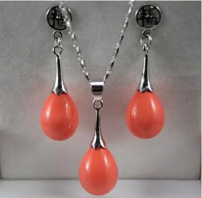 

Free Shipping wholesale noble 12*16mm orange water drop shell pearl pendant & fu lucky earring jewelry set