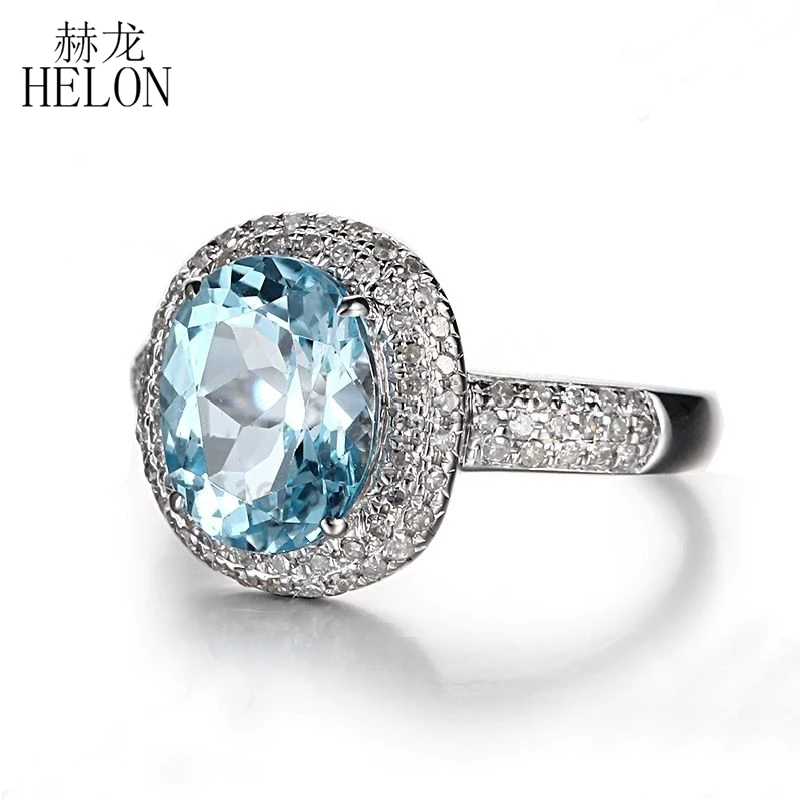 HELON Solid 10K White Gold Oval 9x7mm Blue Topaz Natural Diamonds  Engagement Wedding Ring Women Gemstone Diamonds Ring Gift