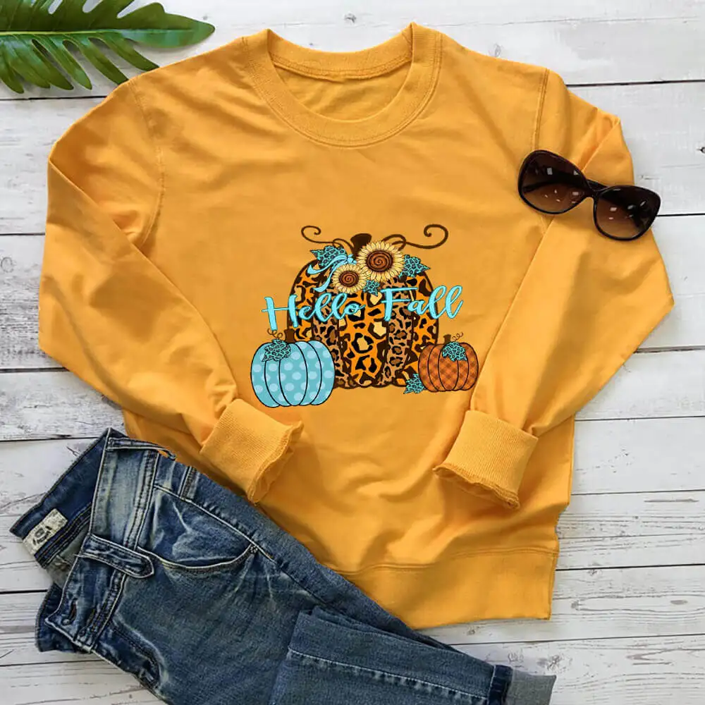 

100%Cotton Pumpkin Hello Fall Thanksgiving Sweatshirt New Arrival Autumn Colored Printed Long Sleeve Tops Fall Gift Dropship