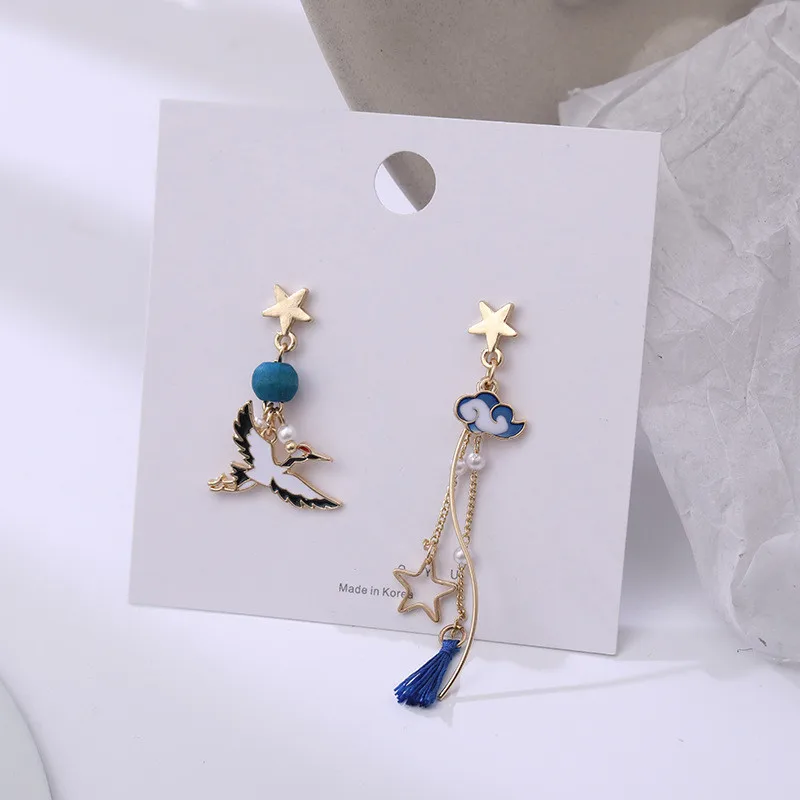 Chinese Style Folding Fan Crane Carp Lotus Asymmetrical Long Tassel Dangle National Style Earrings for Women Jewelry Gift