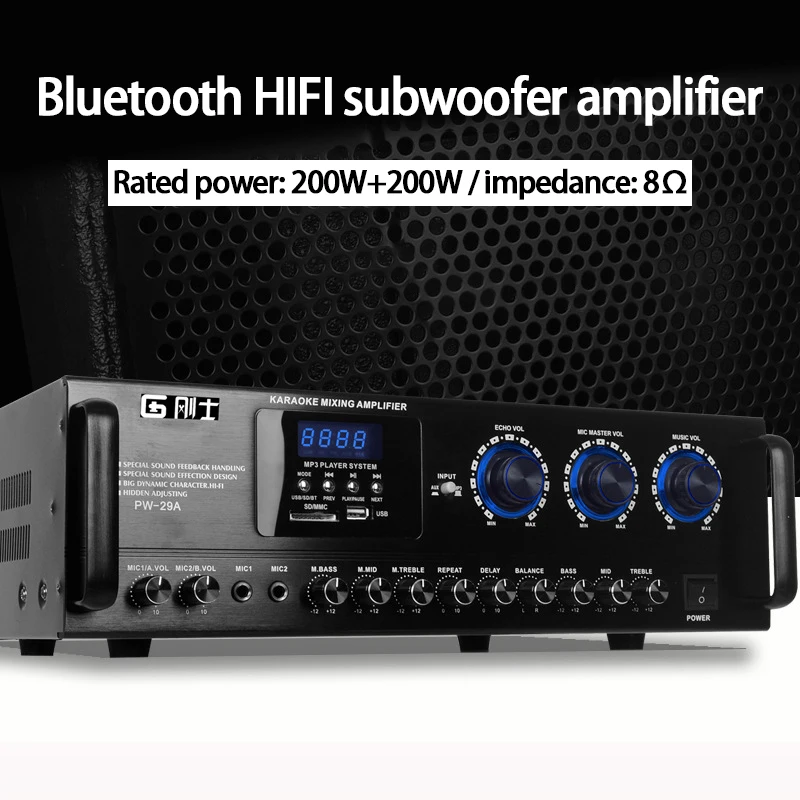 

KYYSLB PW-29 200W*2 AV2.0 High-power Stage Professional KTV Amplifier Karaoke Bluetooth HIFI Heavy Bass Home Amplifier