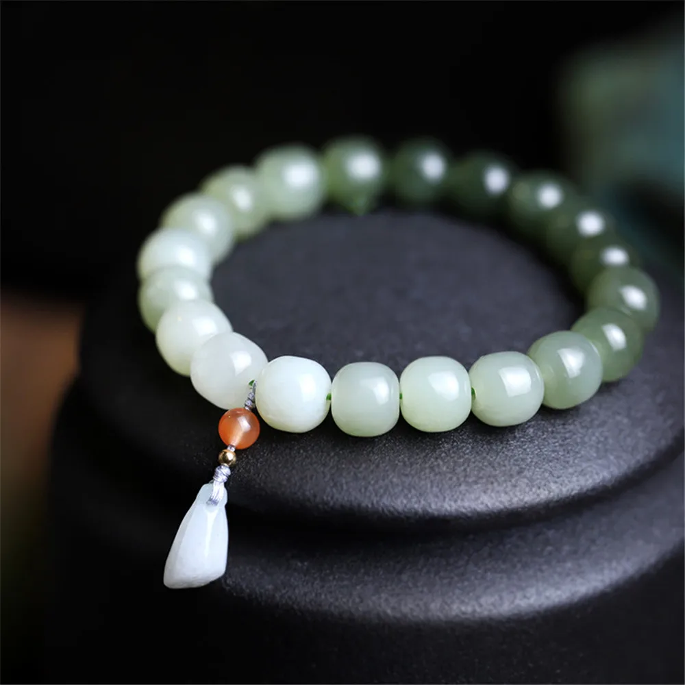Naturalny multi-skarb Gradient Hetian Jade bransoletka z koralików Jade korzeń lotosu wisiorek czerwony agat Charm biżuteria kobiety bransoletka uzdrawiająca