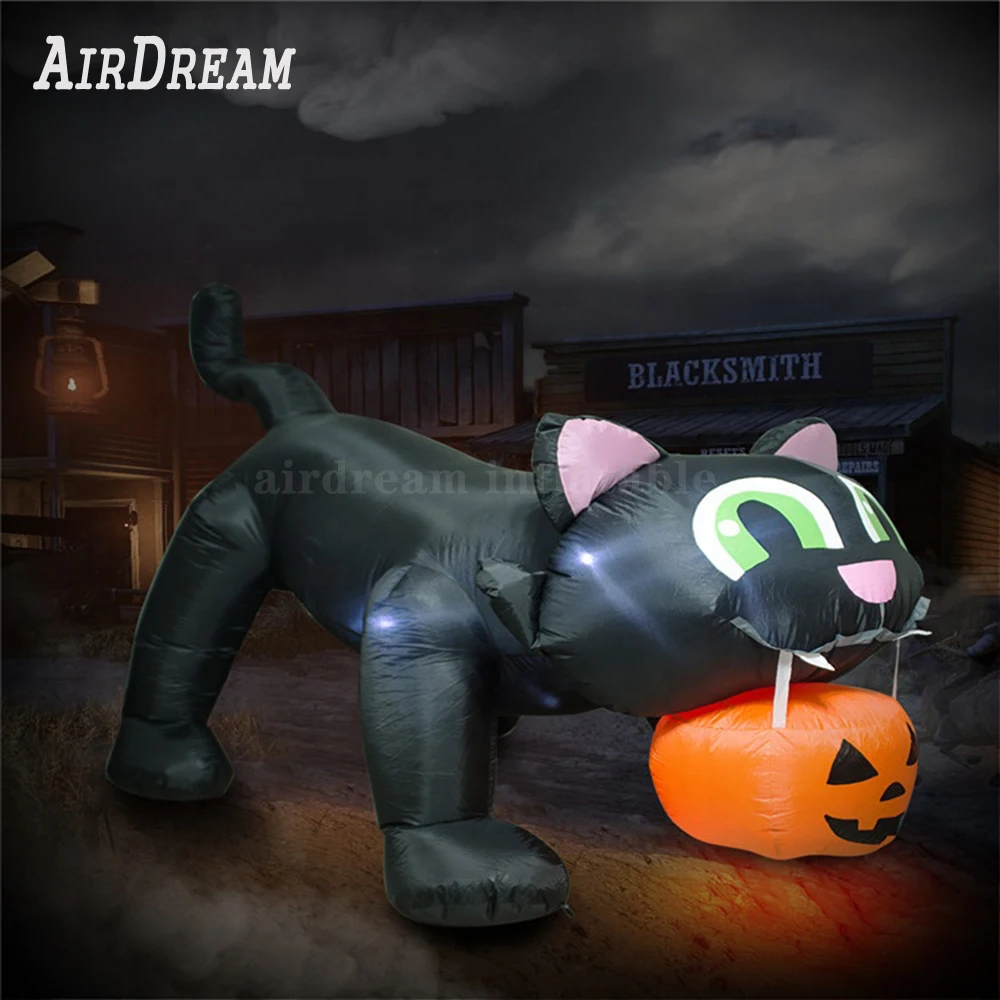 Large LED Inflatable Black Evil Cat With Pumpkin Crazy Inflatable PumpkinBlack Cat  Festival Halloween Scary Inflatables