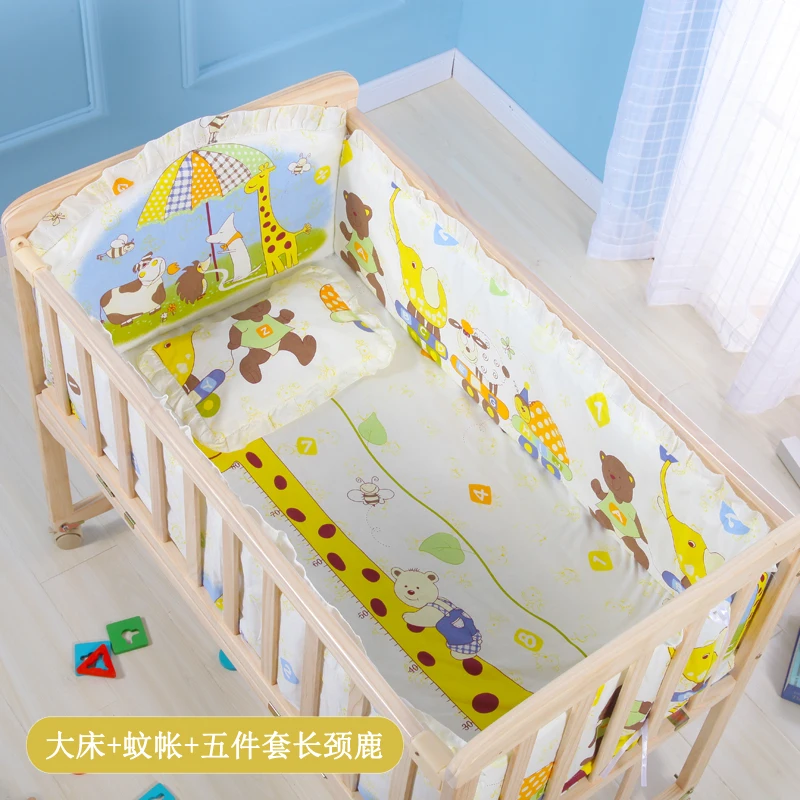 Baby Wooden Crib with Mosquito Net Baby Rocking Crib with Roller Newborn Infant Game Bed Computer Table Baby Cot Bedding Set