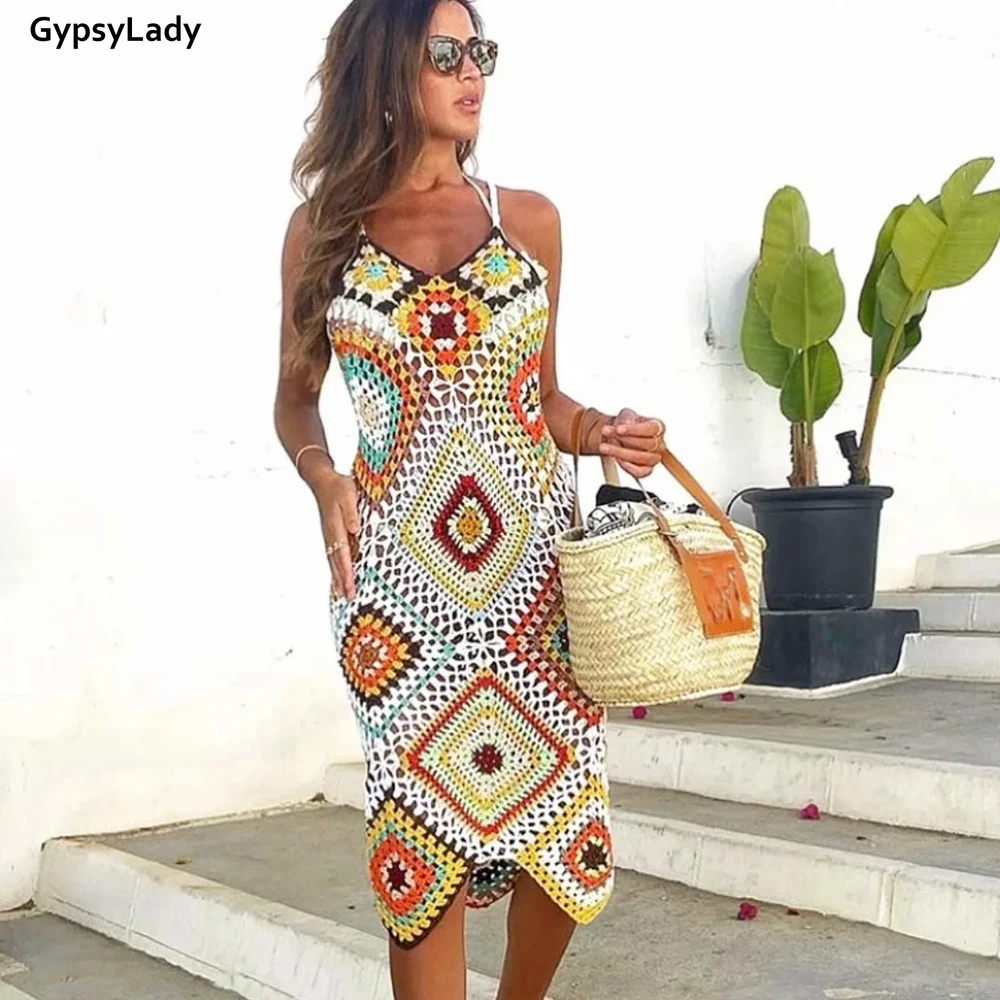 GypsyLady Bohemian Knitted Summer Dress Handmade Vintage Chic Hollow Out Holiday Beach Dress Sheer Ins Ladies Women Dresses 2021