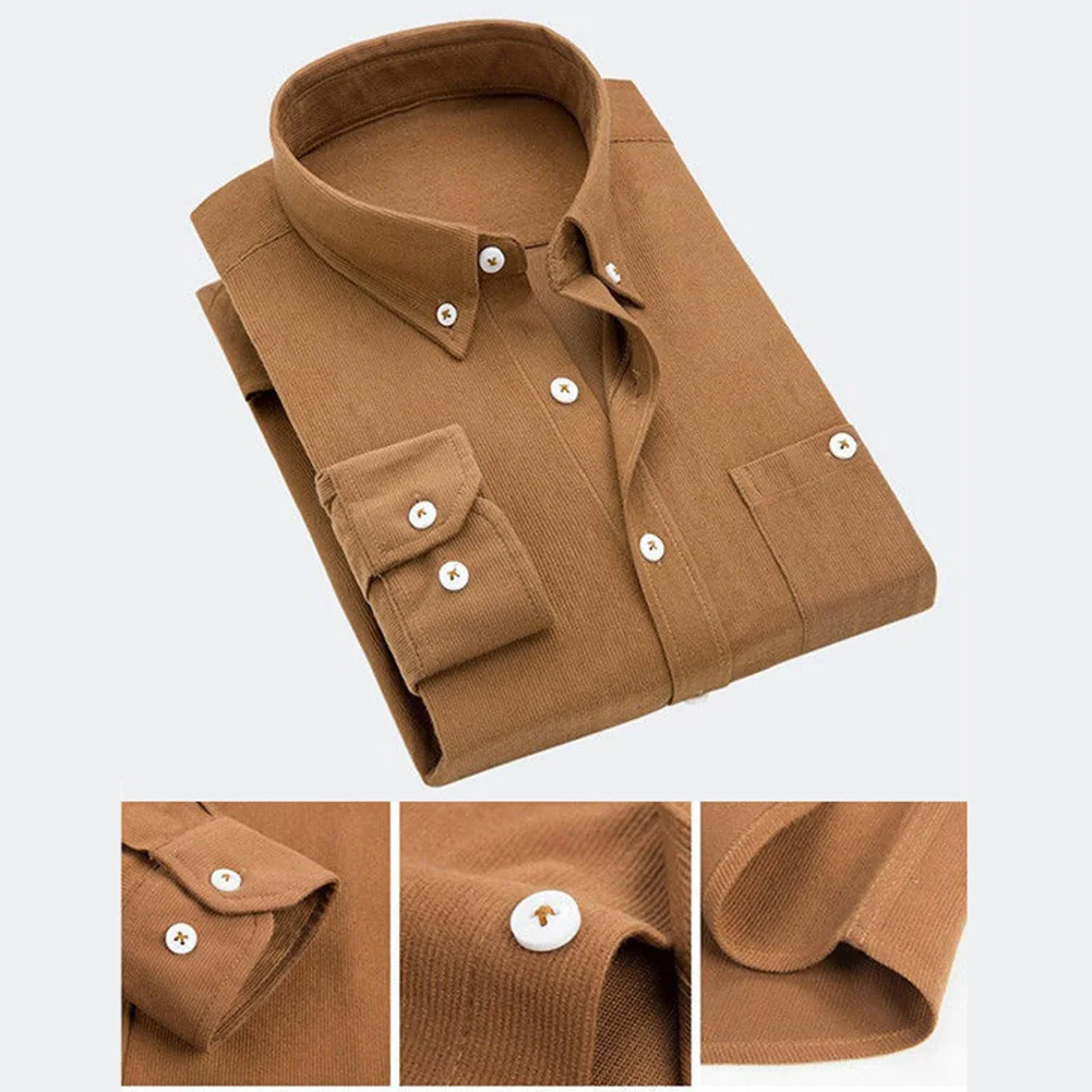 2019 winter men's corduroy slim men's long-sleeved thick shirt men's dress men's casual solid color men's shirt fleece