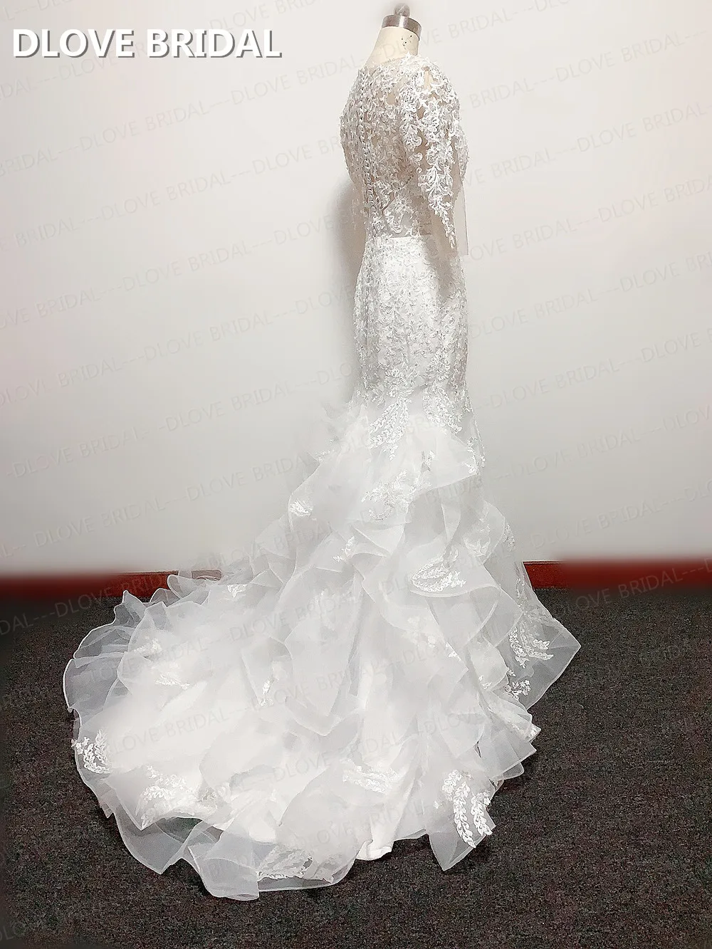 Robe De mariée sirène à volants, manches mi-longues, col en V, boutons au dos, Photos réelles