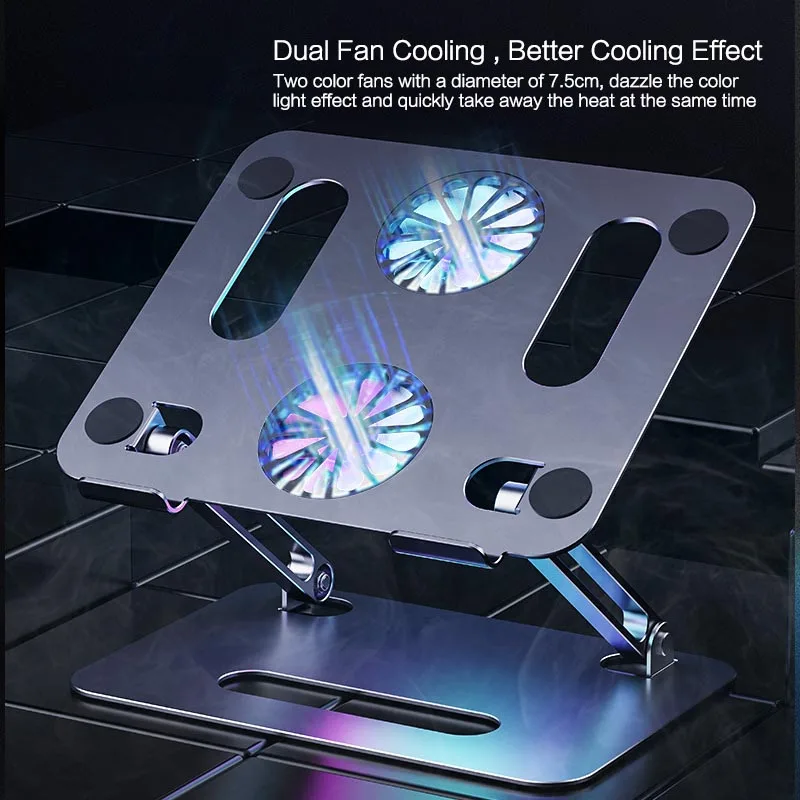 Laptop Tablet Cooling Pad Stand Dual Color Fans Aluminium Folding Portable Lifting Adjustable Height Notebook Support Bracket