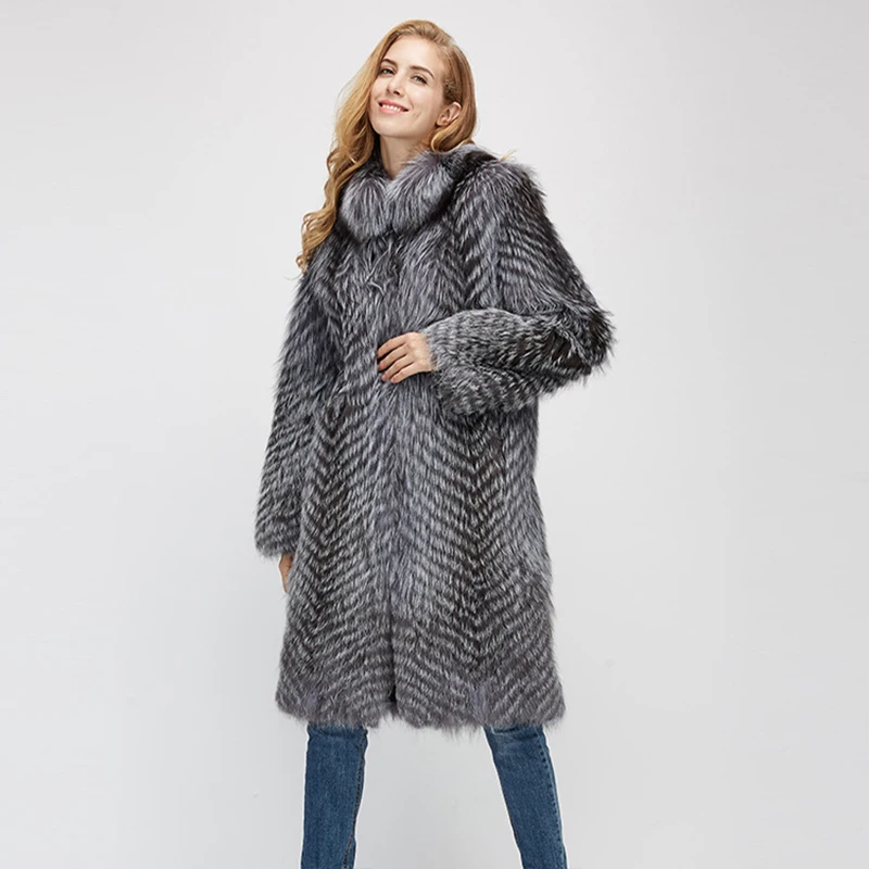 Winter fur coat real silver fox fur long coat female fox fur collar