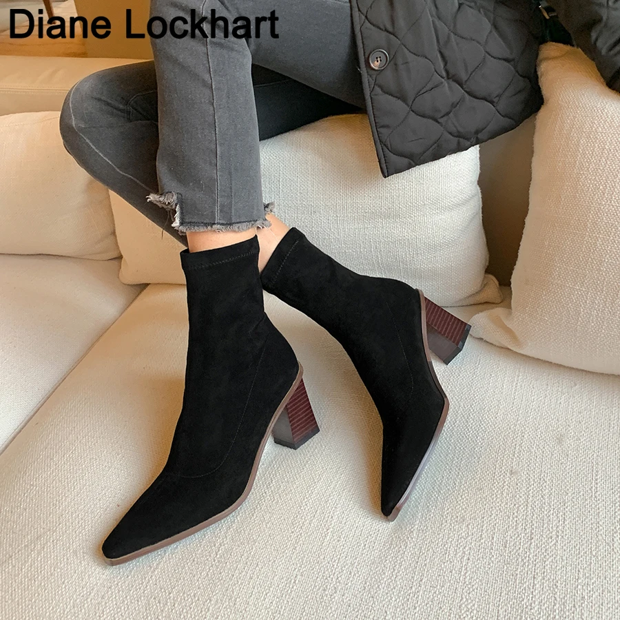 

Spring Autumn Fashion Boots Women Pointed Toe Yarn Elastic High Heels Ankle Boots Suede Thick Heel Shoes Female Socks Boots Bota