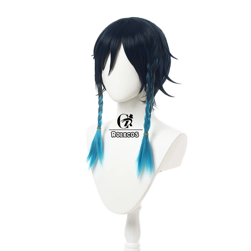 ROLECOS Game Genshin Impact Cosplay Wig Venti Cosplay Wig Women Blue 35cm Headwear Halloween Short Heat Resistant Synthetic Hair