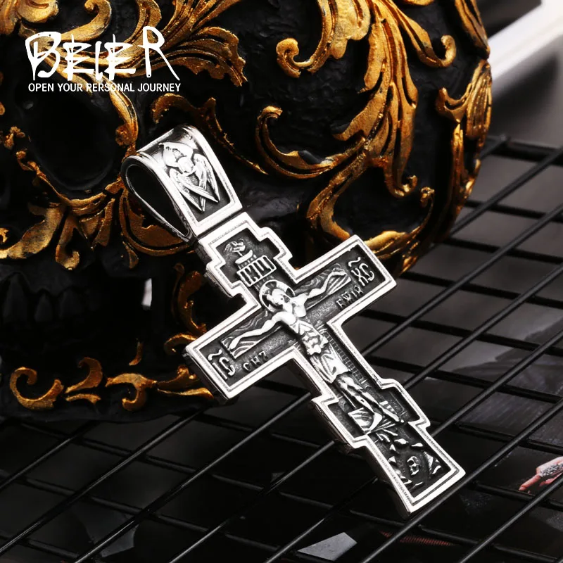 Beier Stainless Steel Jesus Cross Men's Crucifix Eastern Orthodox Pendant Chain Necklace Jewelry LLBP8-515P