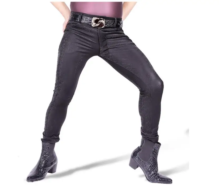 Men Sexy Pants Faux Leather Skinny Trousers Slim Tight Stretchy Barber Casual Stylish