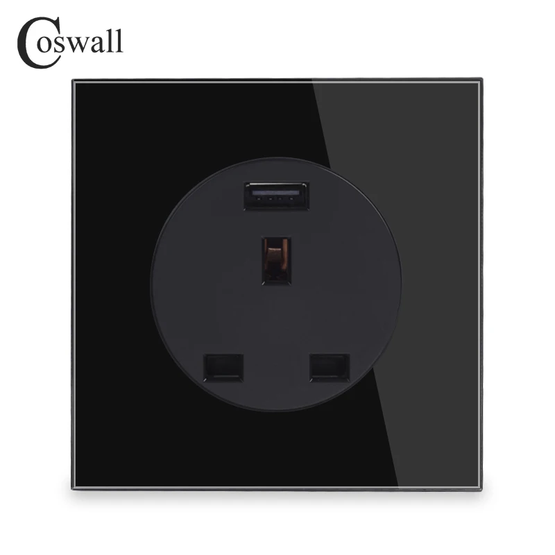 Coswall Tempered Glass Panel 13A Wall Outlet UK British Standard Power Socket With USB Fast Charging Port DC 5V 2A Black White