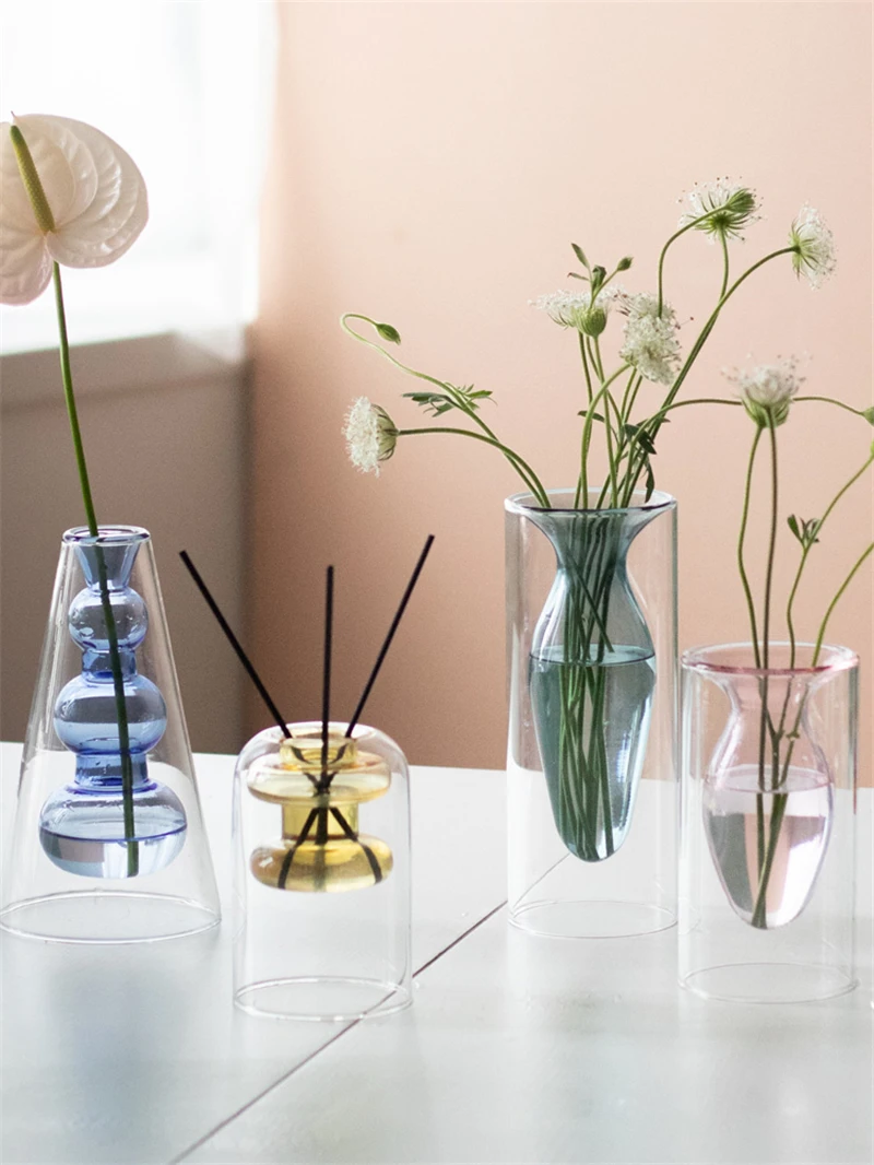 Nordic Colorful Glass Vase, Creative Internal Structure Design, Small Hydroponic Plant Glass Bottle, Dried Flower Vase