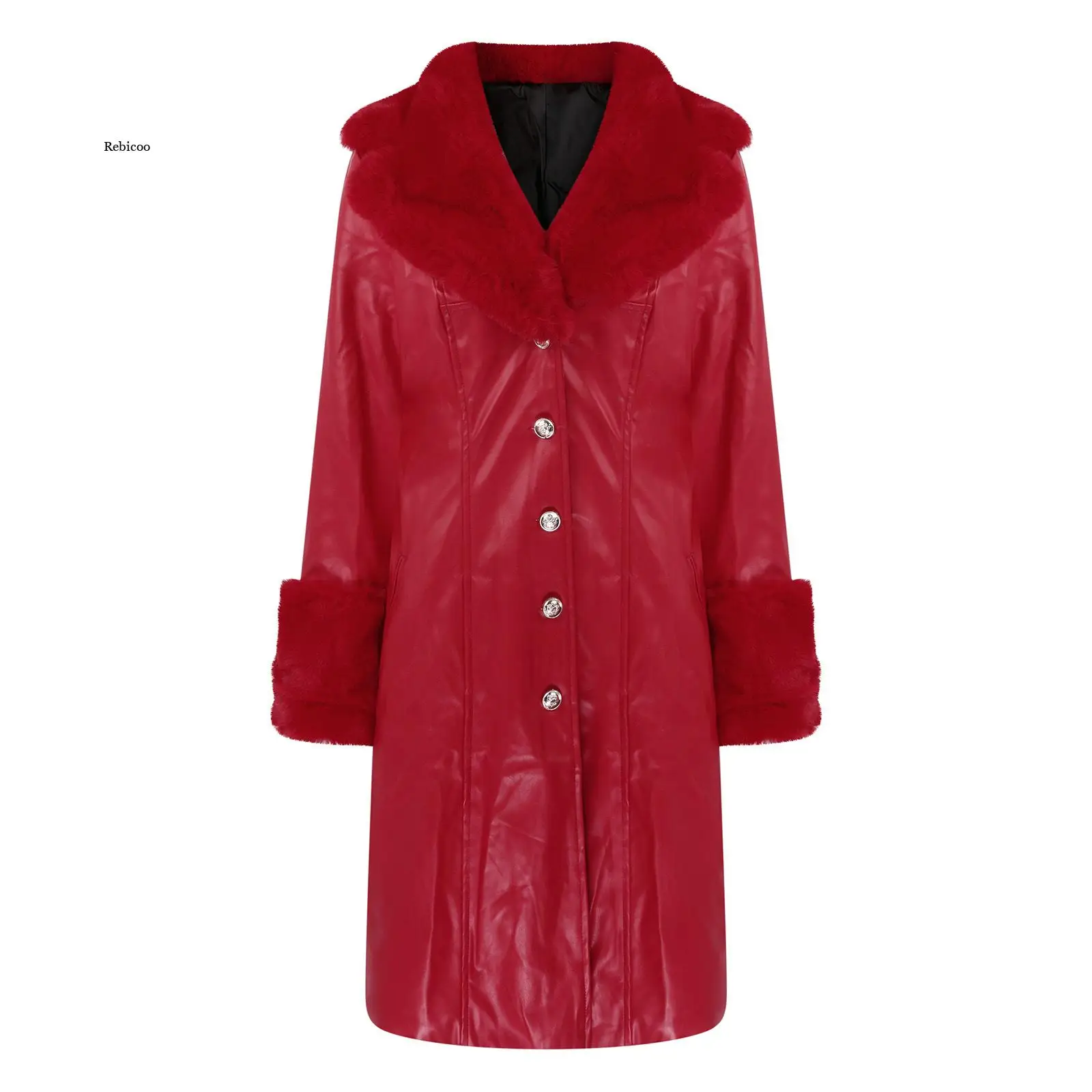 Winter Frauen Pu Leder Mantel Elegante Lose Langen Mantel Damen Pelz Kragen Gepolsterte Mode Neue Warme Leder Jacke