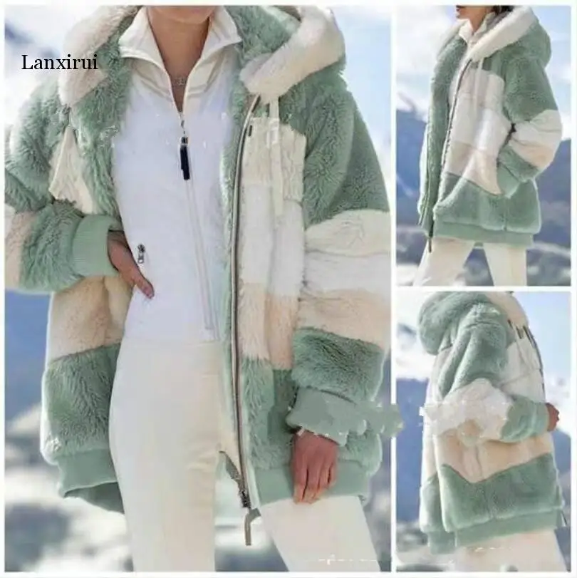 

Women's Winter Coat Korean Fashion jacket woman Casual Stitching Plaid Ladies Clothes Hooded Zipper Ladies Coat Coat