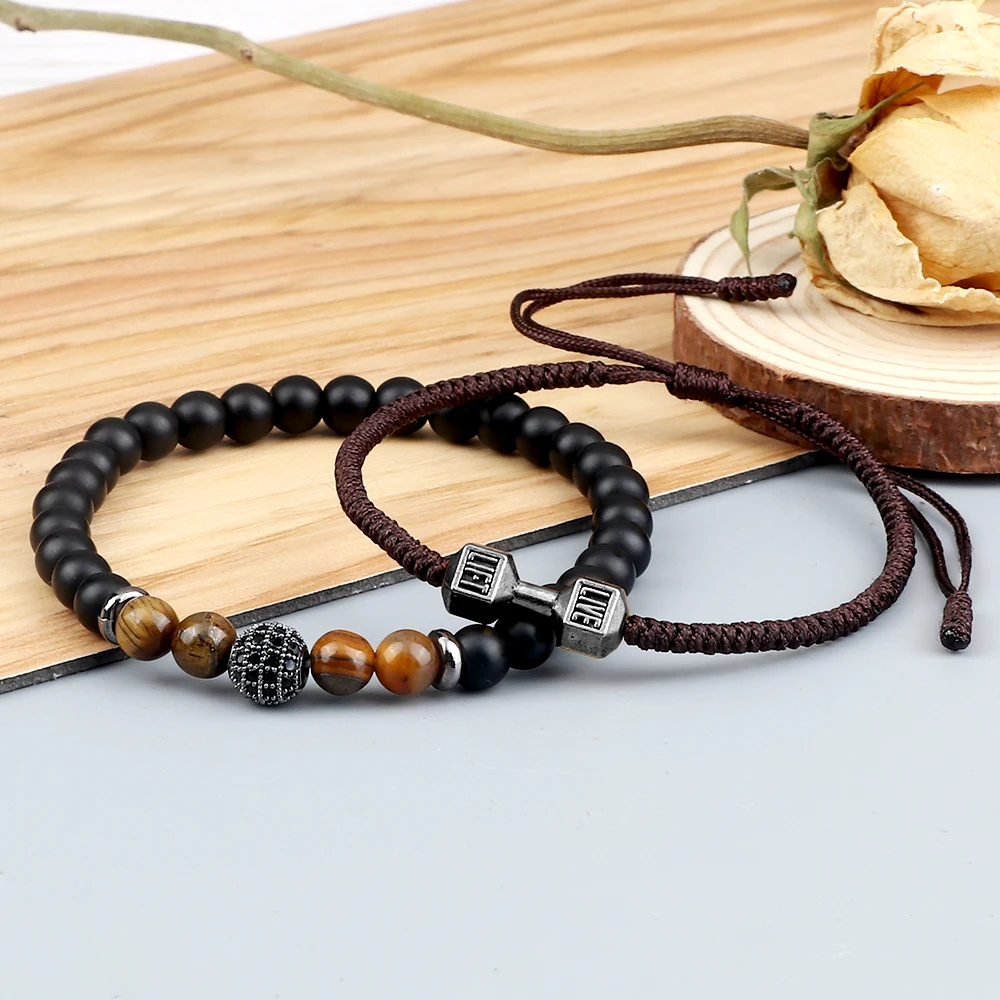 2pcs/Set Men Beaded Bracelet 6mm Charm Nature Onyx Stone Braided Strand Dumbbell hread Bracelets Women Barbell Fitness Jewelry