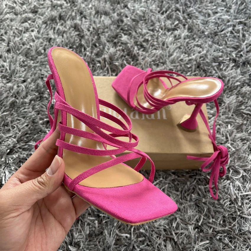 Sandalias de tacón alto con cordones cruzados para mujer, zapatos sexys de fiesta, color verde y naranja, talla 35-42, verano 2024