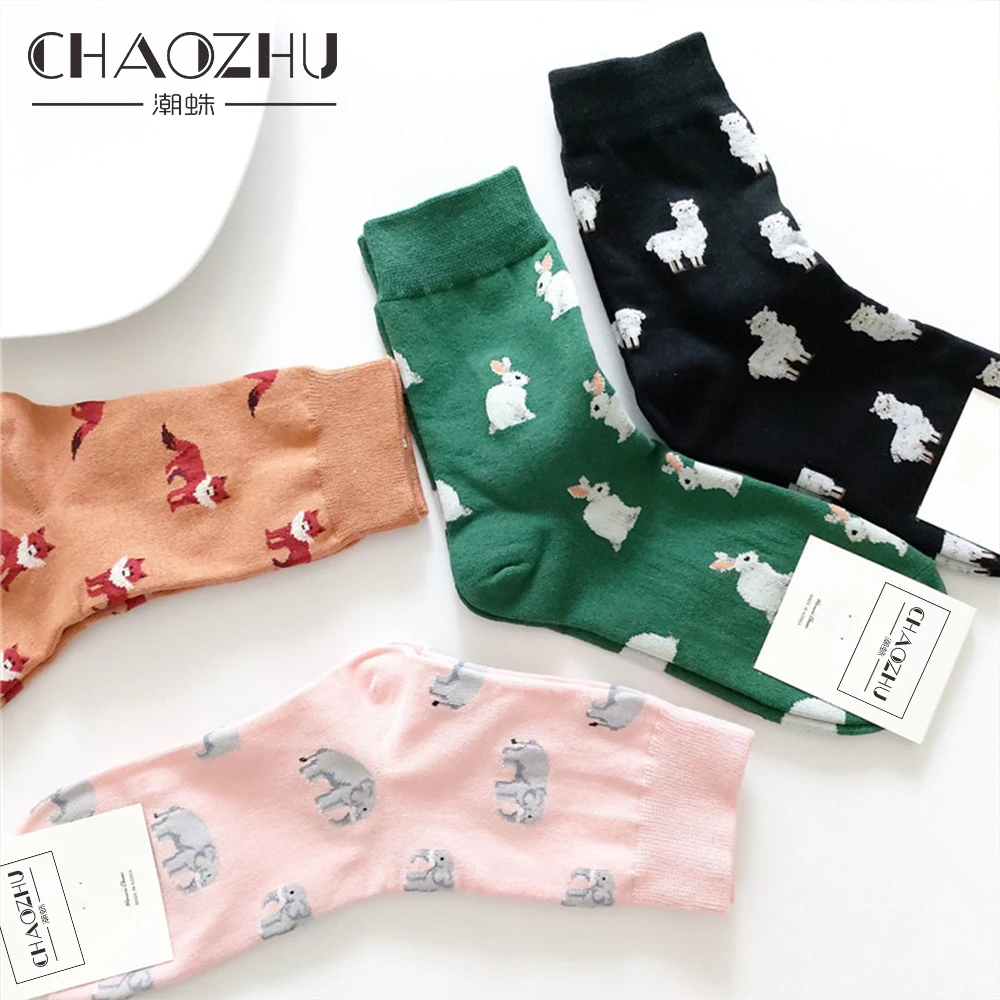 CHAOZHU New Korea Japanese Cartoon Lovely Animals Rabbit Fox Elephant Alpaca Cute 200 Needles Knitting Women Socks 4 Seasons