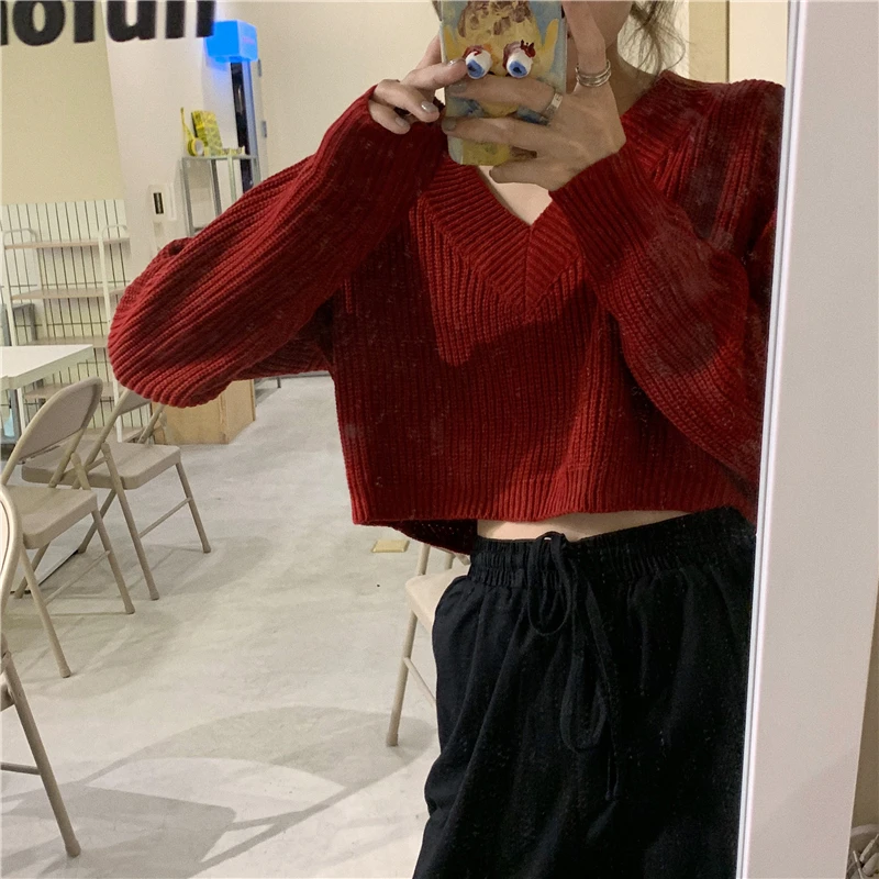 Autumn Clothes Knitted Woman Sweaters Pullovers V-neck Solid Kawaii Girls Fashion Jumpers Loose Button Crop Top Streetwear Chic