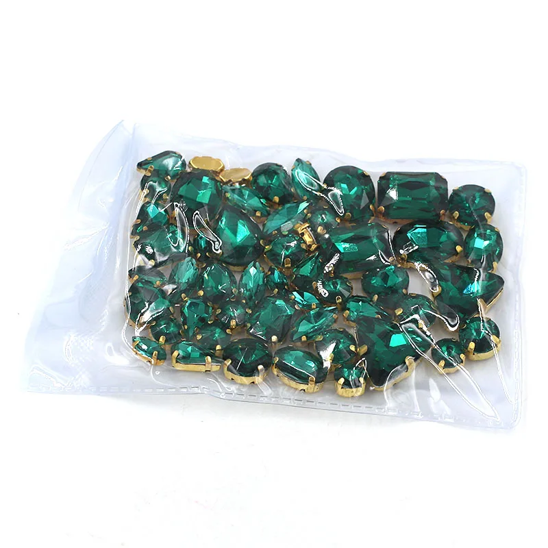 50pcs/bag high quality mixed shape Malachite Green glass crystal sew on gold claw rhinestones diy clothing accessories