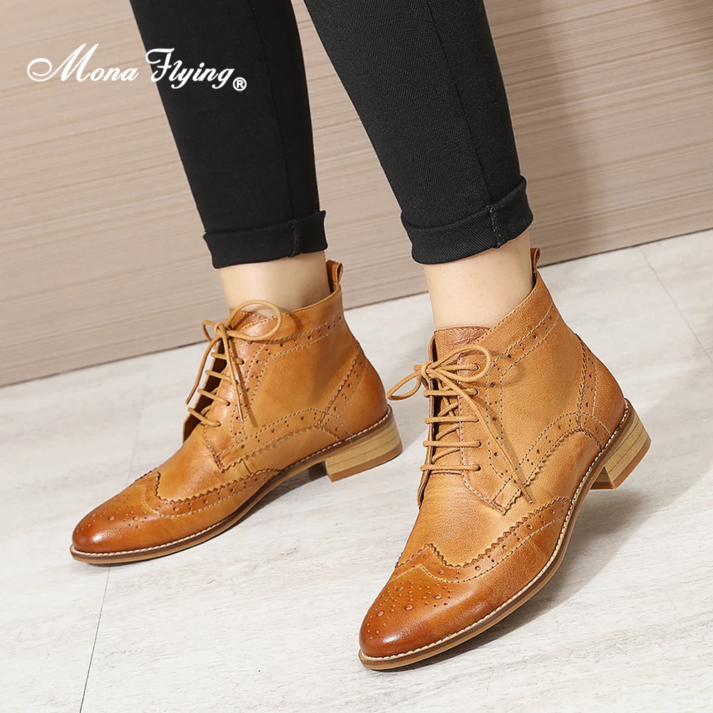 Mona Flying Womens Genuine Leather Brogue Boots Ankle High Fashion Lace up Oxford Booties Low Heel for Ladies Short Boots 068-65