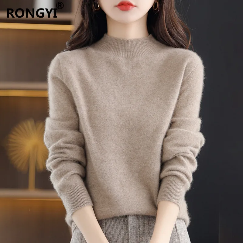 

RONGYI Women 100%Pure Wool Sweater New One-line Ready-To-Wear Half-High Neck High End Knit Pullover Warm Loose Cashmere Sweaters