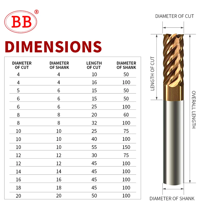 BB 6 Flutes Carbide End Mill Metal Steel 6 Teeth Tungsten Milling Cutter CNC Finishing Machining Router 4mm 6mm 8mm 10mm 12mm