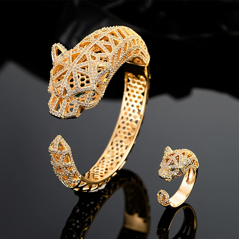 Trendy Luxury Ms Bangle Ring Set Dubai Bridal Jewelry Sets For Women Wedding Party Zircon Animal leopard head bracelet Ring New