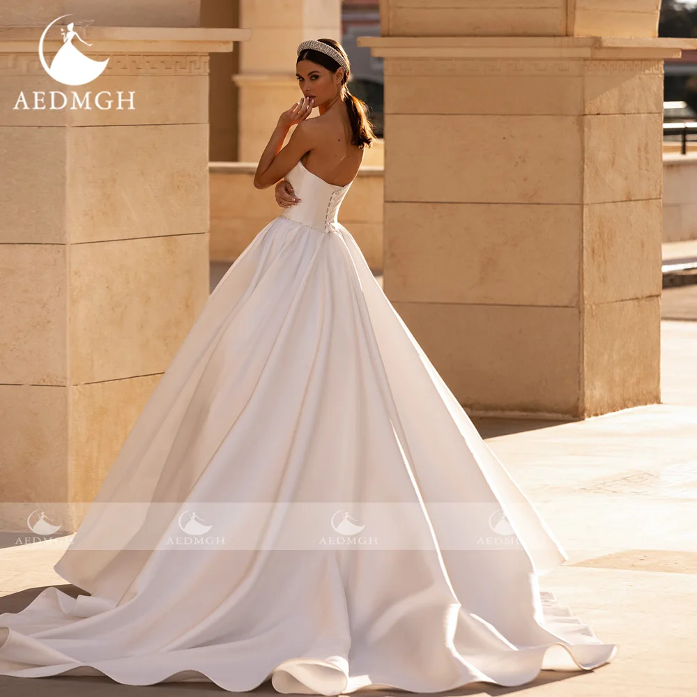 Aedmgh A-Line Matte Satin Wedding Dresses Strapless Sleeveless Robe De Mariee Beaded Simple Custom Made Vestido De Novia