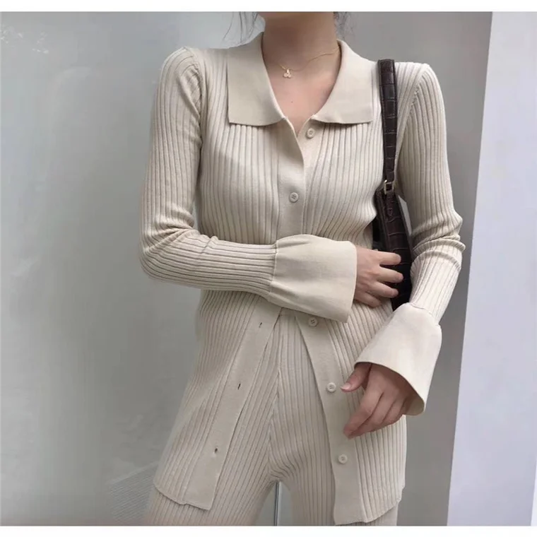 Fashion Knitted Cardigan Coat + Wide Leg Pants Suit Women Casual Two-piece Trouser Set Autumn New Sweater Tracksuit