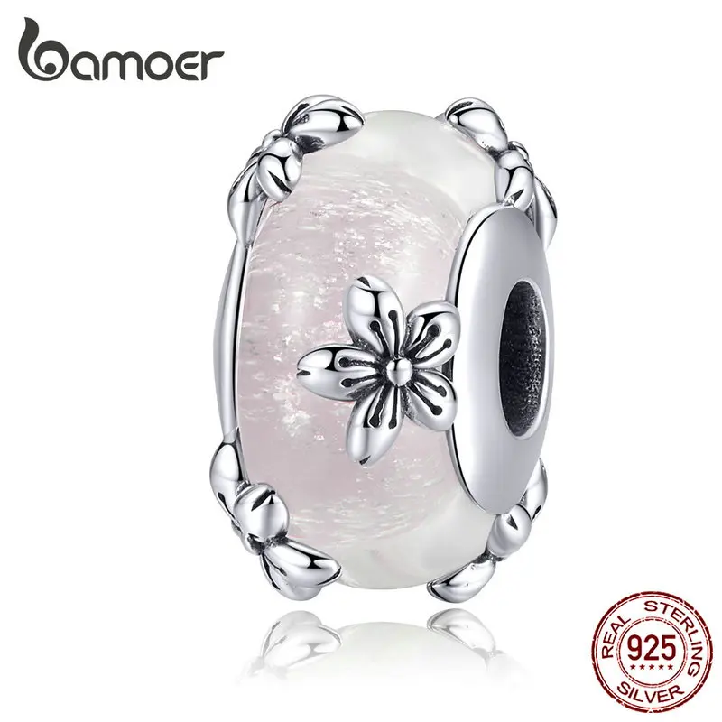 

bamoer Vintage Flower Handmade Murano Beads for Women Origianl Silver Bracelet Glass Charm 925 Sterling Silver Jewelry SCC1302