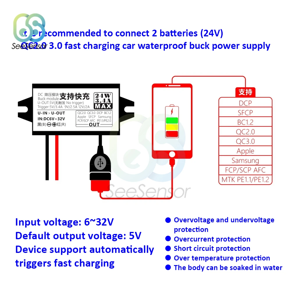 DC-DC 12V 24V To 5V 3.4A 24W Car Power Converter Adapter อะแดปเตอร์ Mini USB QC2.0 3.0 Fast ชาร์จรถกันน้ำ Buck Power Supply Module
