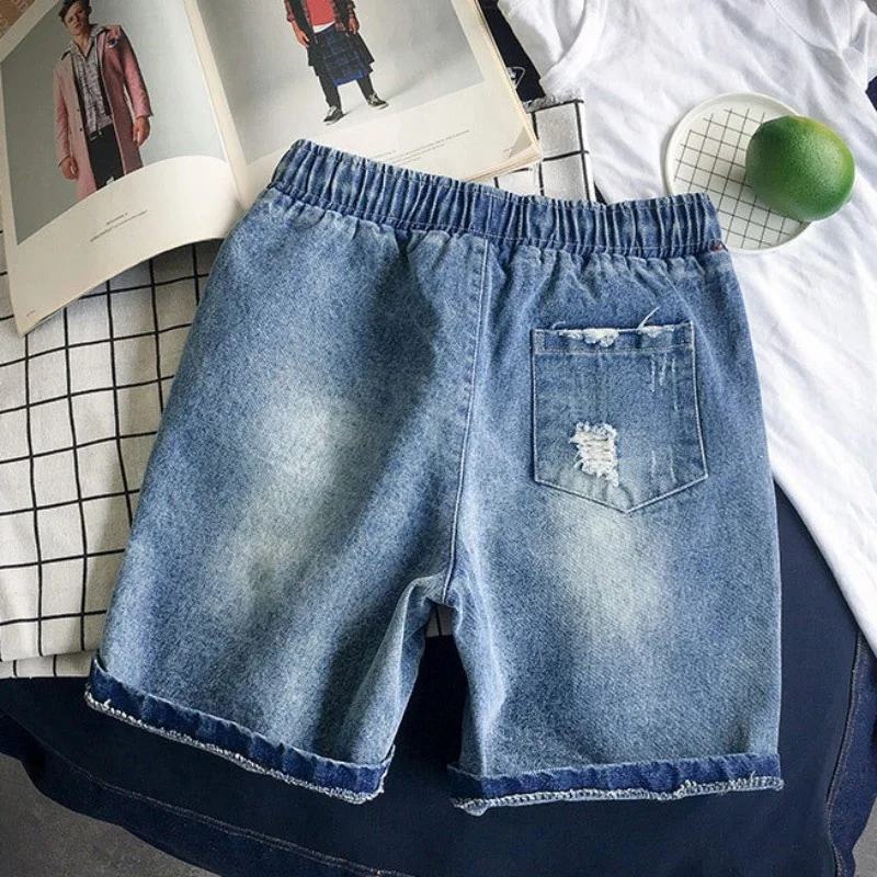 

New Summer Hole Ripped Casual Denim Shorts Men Plus Size 5XL High Street Loose Elastic Waist Casual Knee Length Shorts Blue