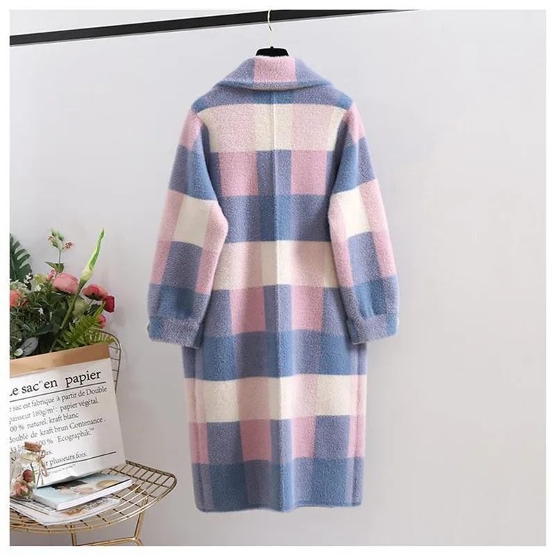 Giacca da donna autunno/inverno cappotto in velluto di visone imitazione nuovo Plaid cappotto medio lungo maglione Cardigan giacca bavero caldo Top